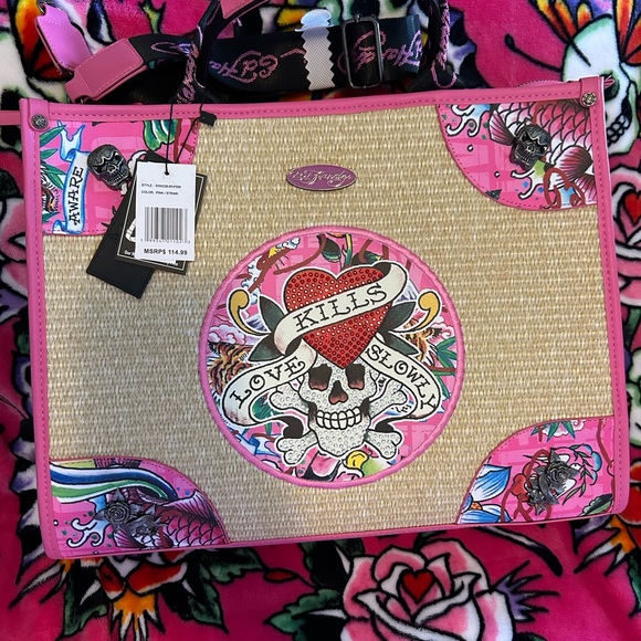 Ed Hardy Handbags - Ed Hardy Pink Trim Straw Tote with Tattoo Skull Graphic